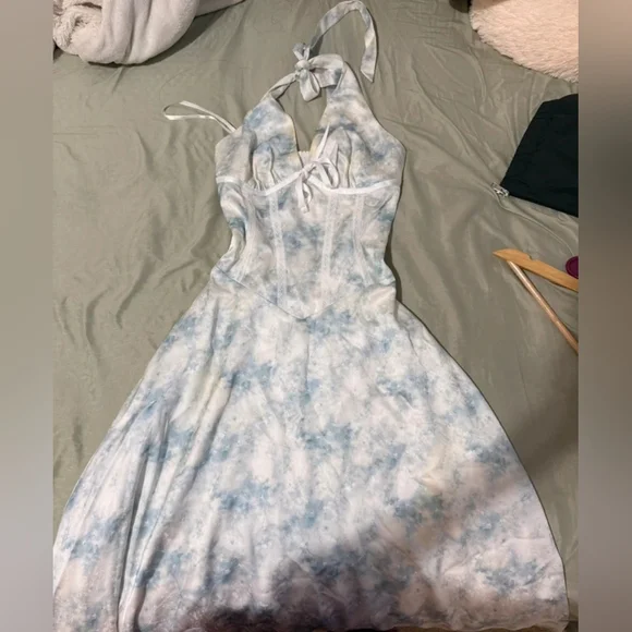 Tie-Dye Blue & White Halter Midi Dress - Picture 1 of 2